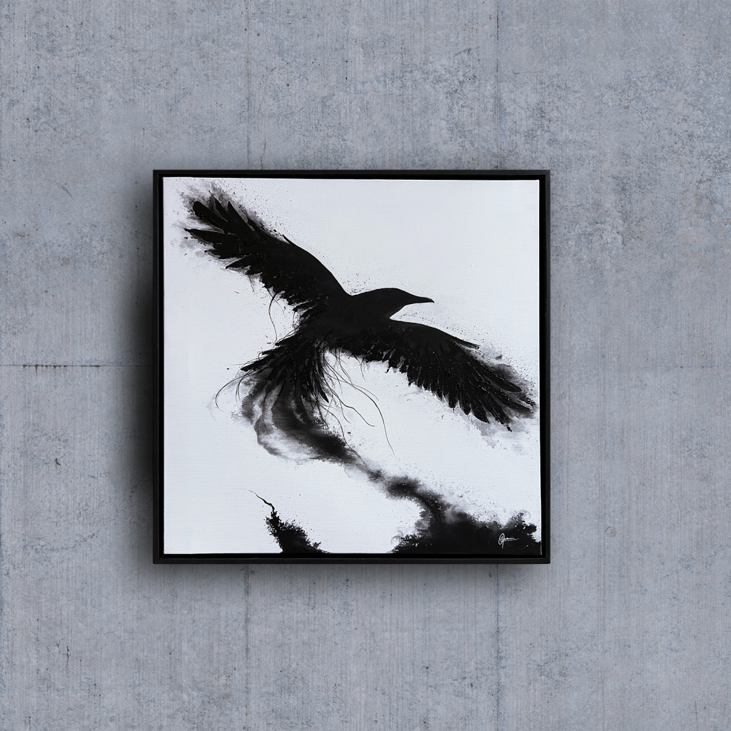 Tableau « Envol» encre de chine et acrylique sur toile représentant un corbeau qui s'envole