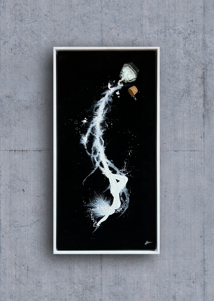 Tableau « Au delà des lignes » collage, encre de chine et acrylique sur toile représentant une femme qui plonge hors d'un encrier