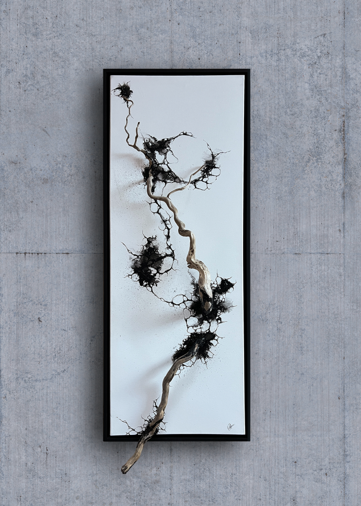 Tableau abstrait « Dérive » collage de bois flotté, encre de chine et acrylique sur toile