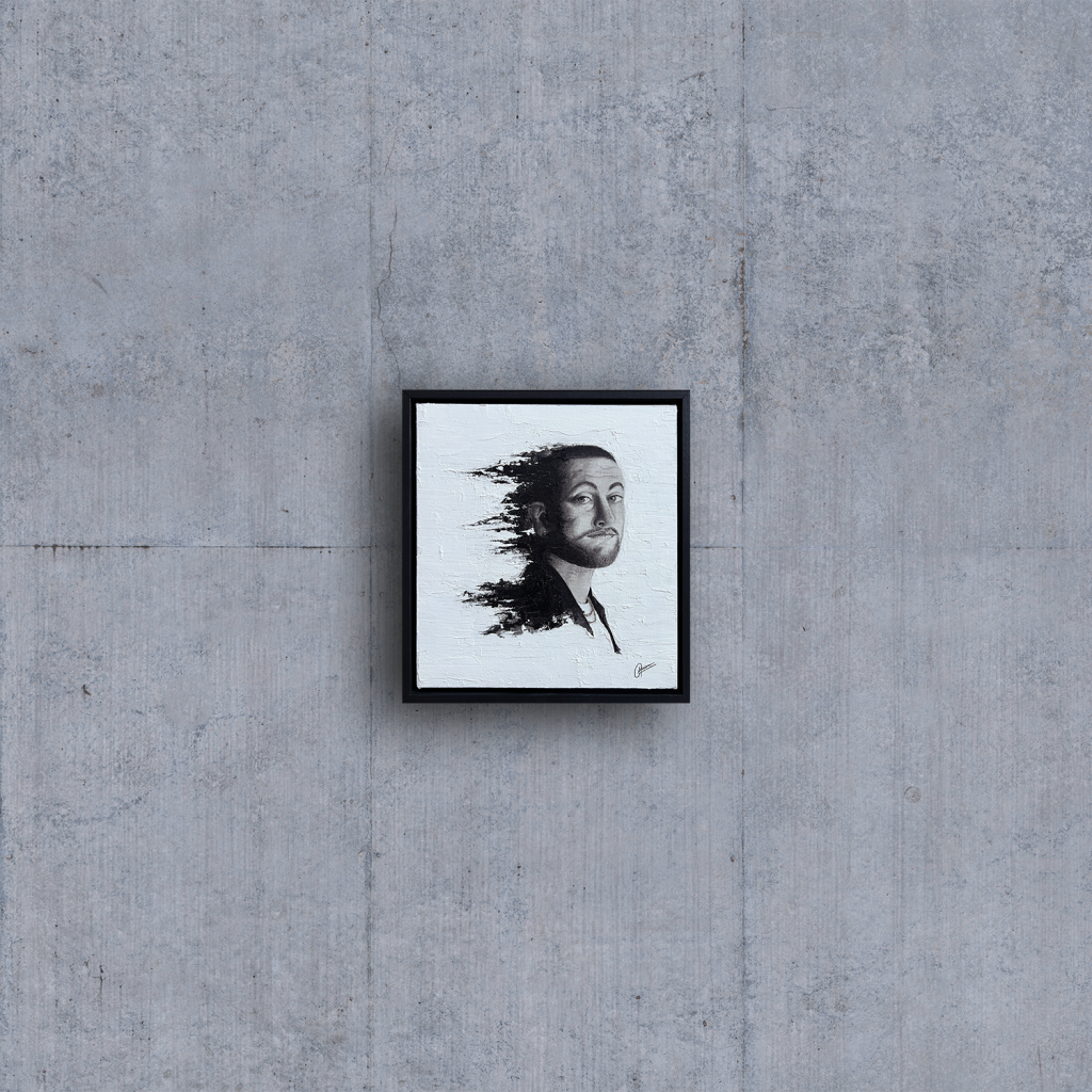 Tableau « Echo » encre de chine et acrylique sur toile représentant un portrait de Mac Miller qui s'efface