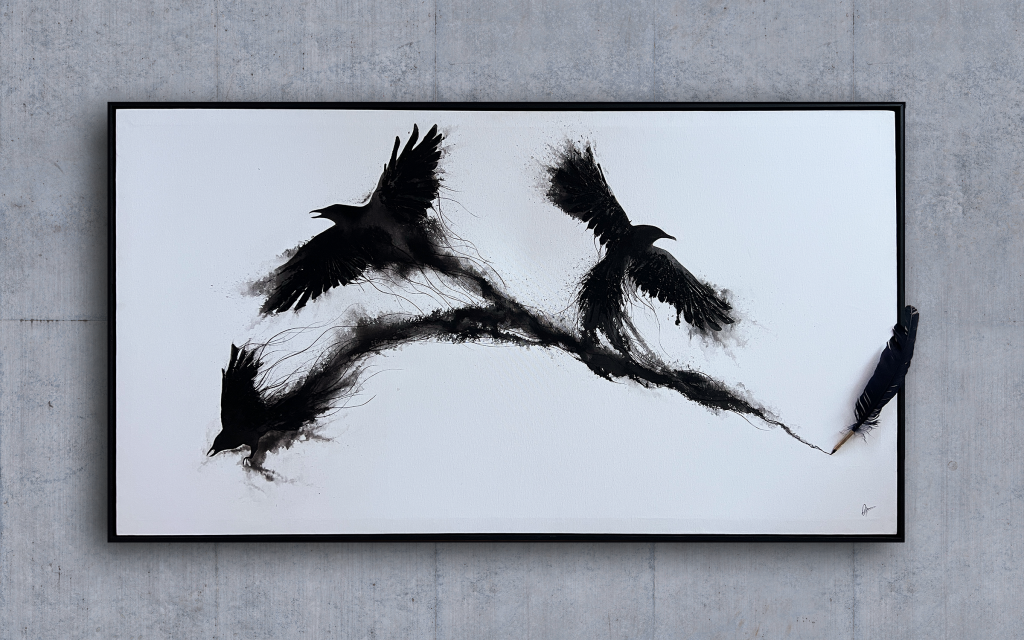 Tableau « Envol» collage, encre de chine et acrylique sur toile représentant trois corbeau qui s'envole