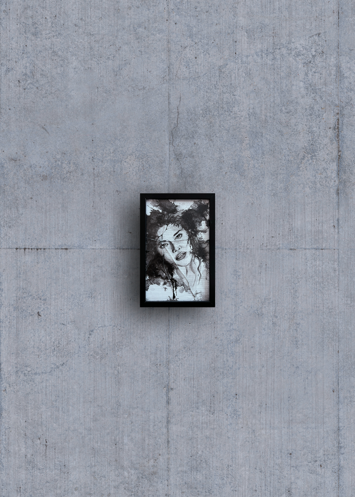 Tableau « Rupture » encre de chine et acrylique sur toile représentant un portrait d'une femme derrière une vitre brisée
