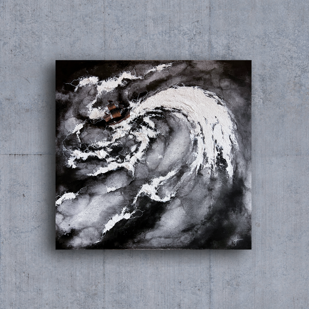 Tableau « On navigue quand même » encre de Chine et acrylique sur toile représentant un bateau affrontant la houle sur une mer tourmentée.